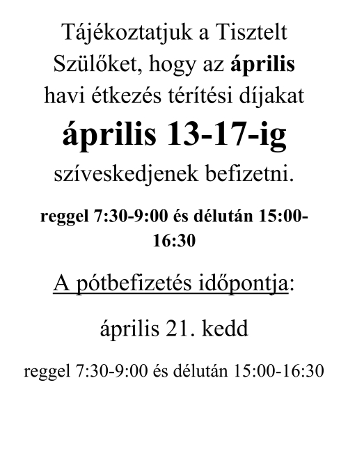 Étkezés befizetés április 13-17-ig