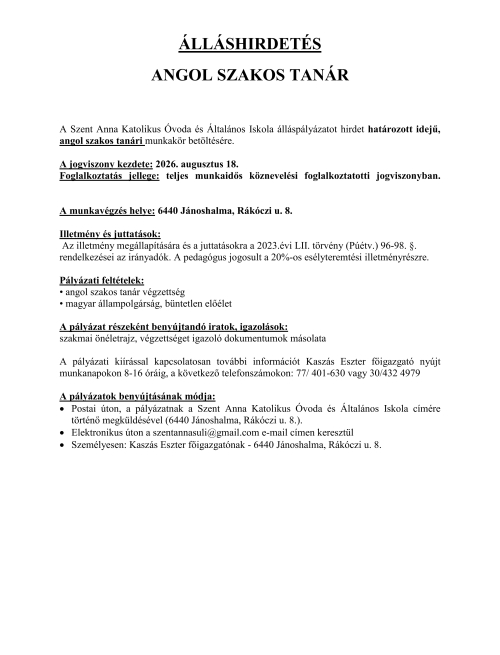 Álláshirdetés: Angol szakos tanár